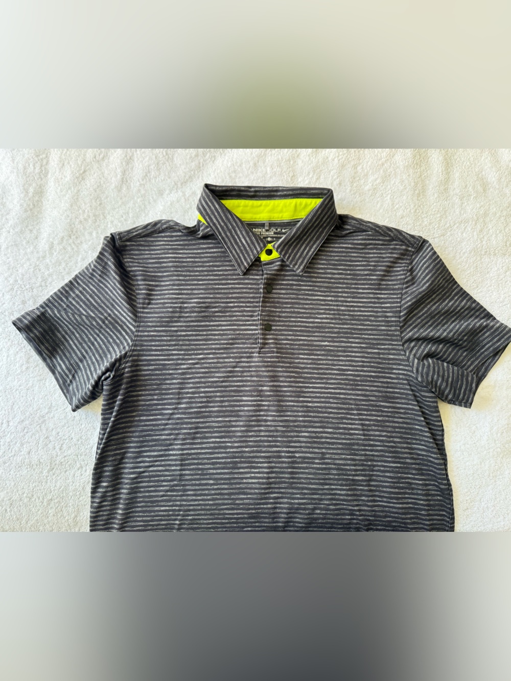 Nike Men's Grey Striped Polo with Neon Yellow Trim